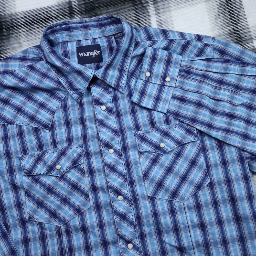 Wrangler Mens Blue Plaid Western Snap Shirt XL Long Sleeve 112324669
